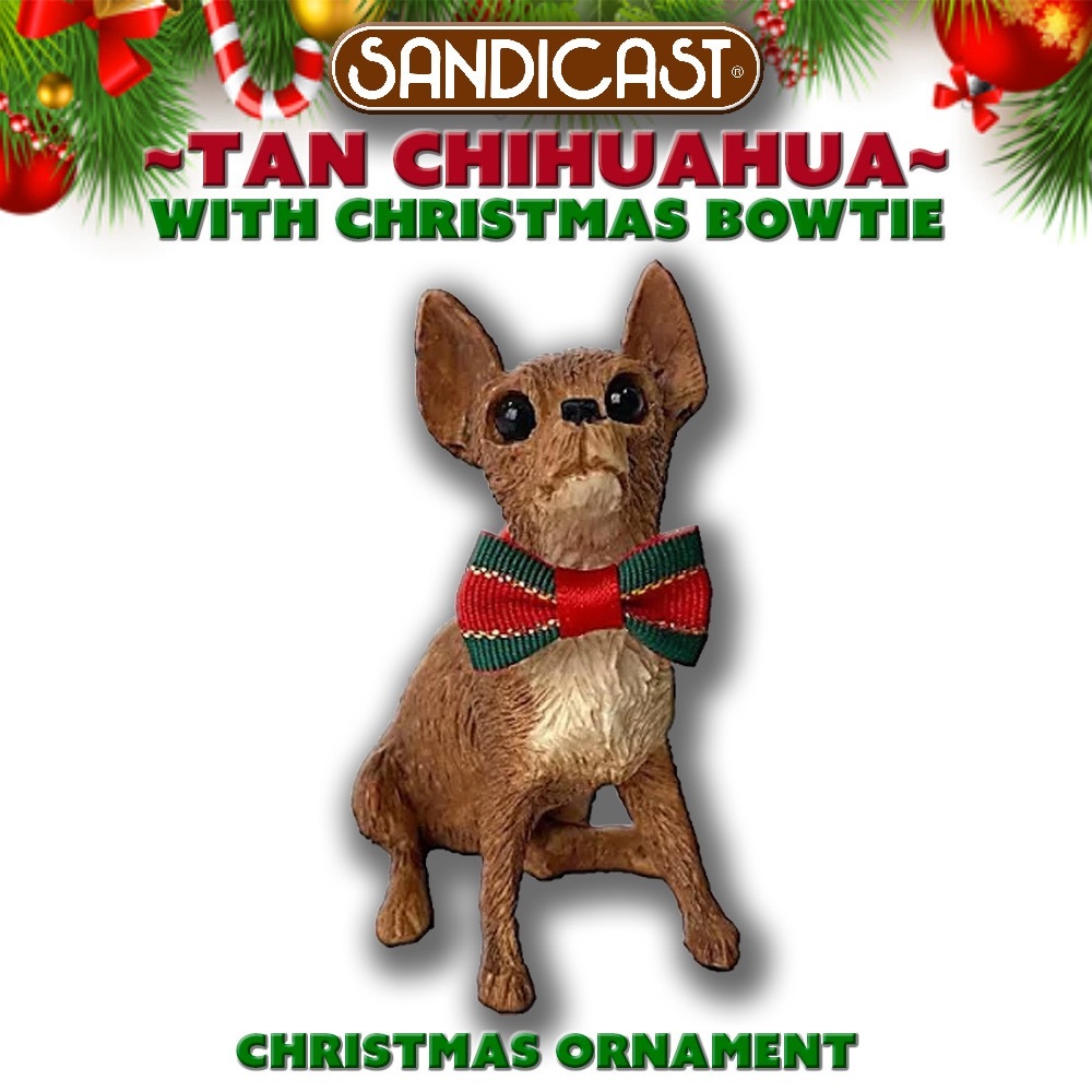 Sandicast Tan CHIHUAHUA with Christmas Bow tie